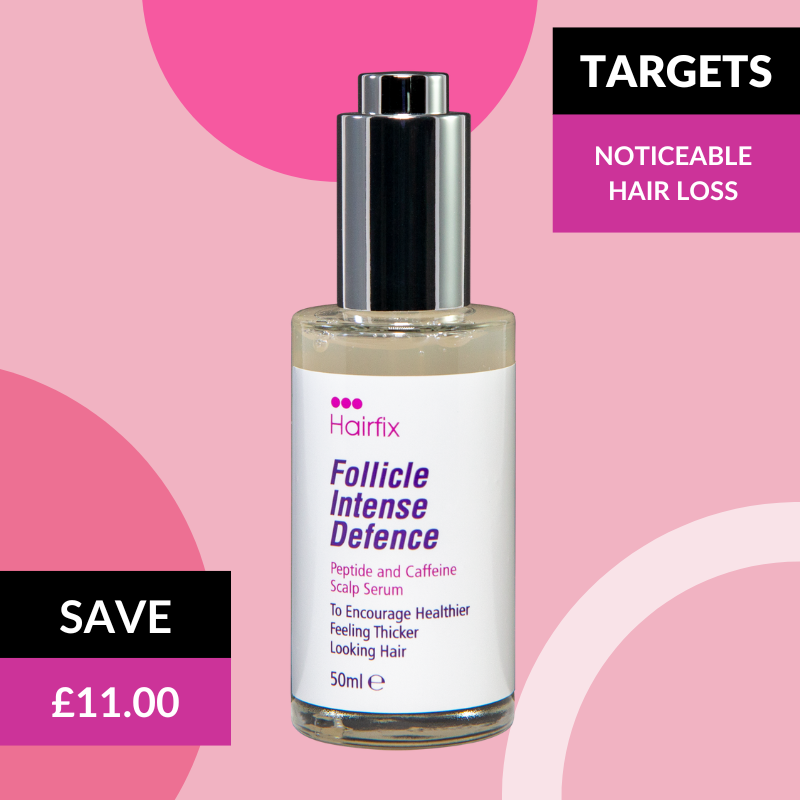 hair growth serum for women ukPromotional image for Hairfix Follicle Intense Defence, a hair growth serum designed to target advanced, noticeable hair loss, with a 50ml bottle depicted against a background featuring savings of eleven pounds