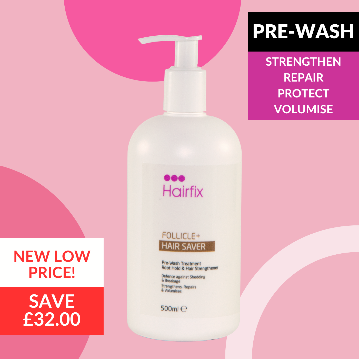 A bottle of Hairfix Follicle+ Hair Saver Pre-Wash displayed against a pink background with promotional text highlighting the product's benefits such as strengthening, repairing, and volumizing hair. Plus lowest price - when it's gone it's gone.