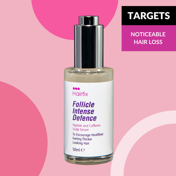 hair growth serum for women ukPromotional image for Hairfix Follicle Intense Defence, a hair growth serum designed to target noticeable hair loss, with a 50ml bottle depicted against a background featuring sun and blue elements.
